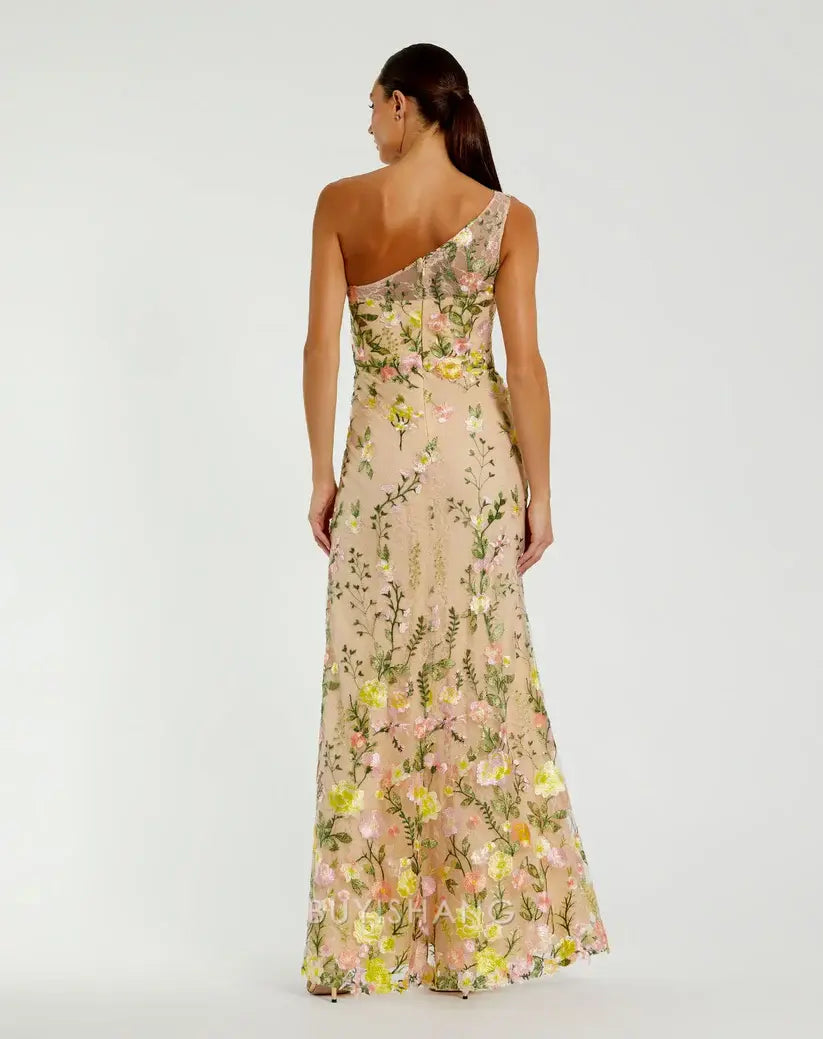 Elegant One-Shoulder Floral Embroidered Mermaid Maxi Dress Mother of the Bride Dress